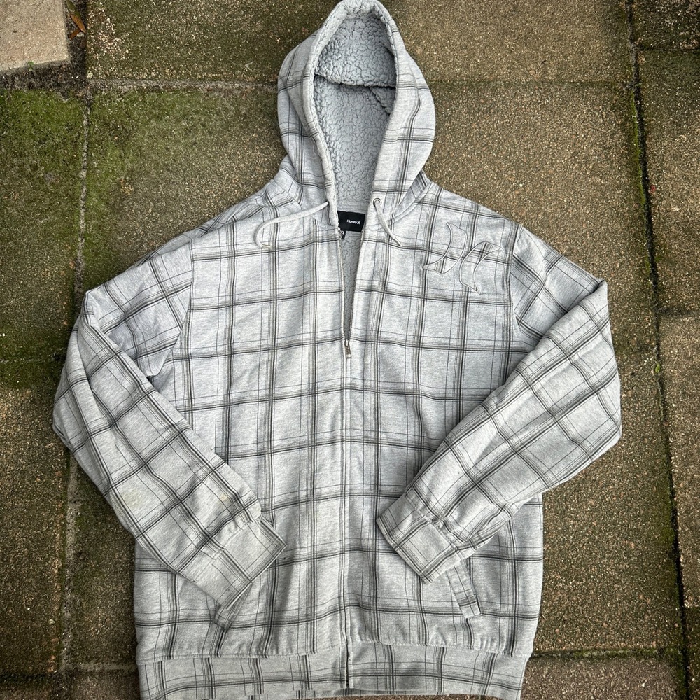 Hurley Mens XXL Grey Plaid Sherpa Lined Full Zip Hoodie Sweatshirt Logo